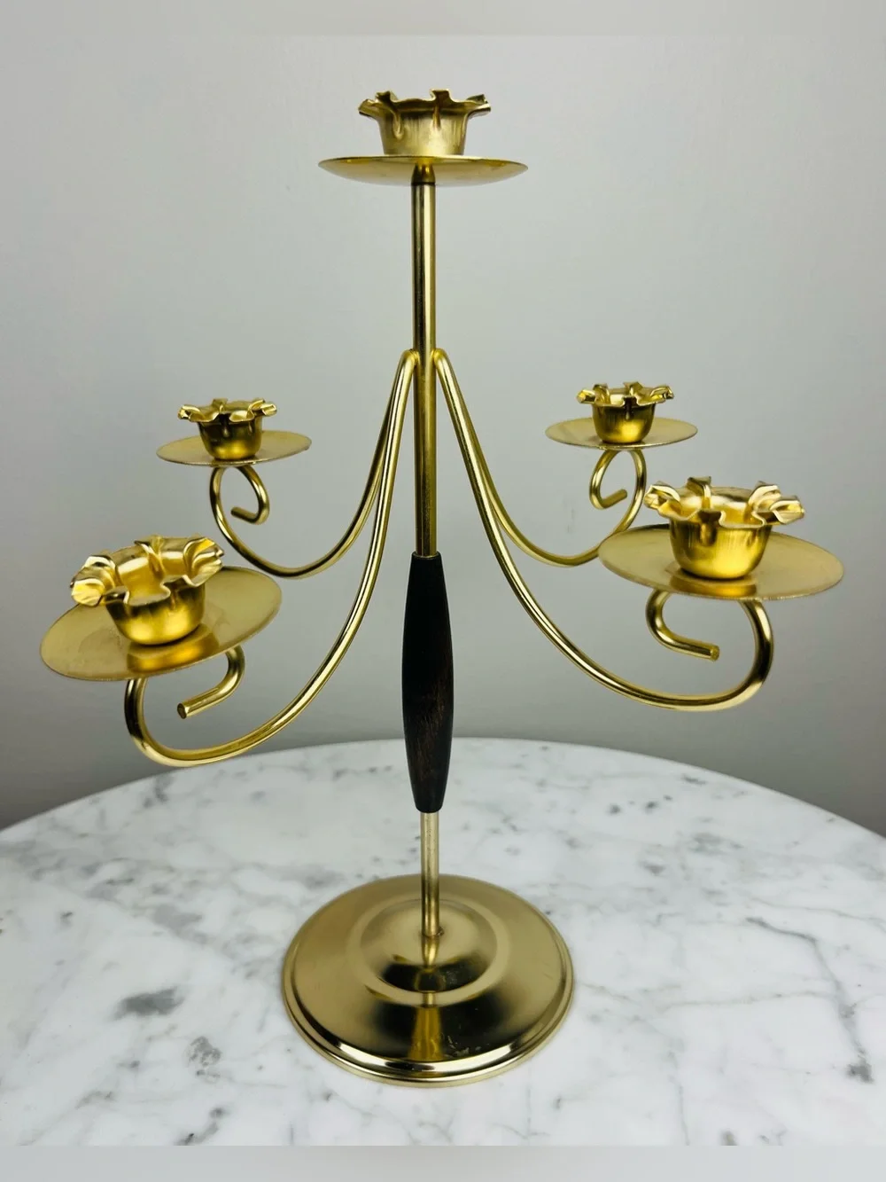 Vintage MCM Mid-Century Modern Brass & Wood Five-Arm Candelabra